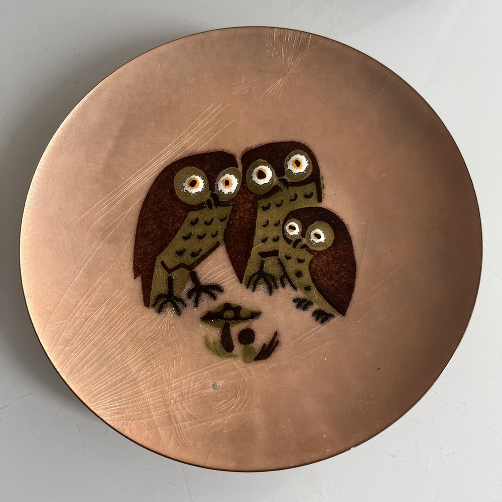VTG MCM 1960's AnneMarie Davidson Signed Enamel On Copper Dish Owls Gold Brown